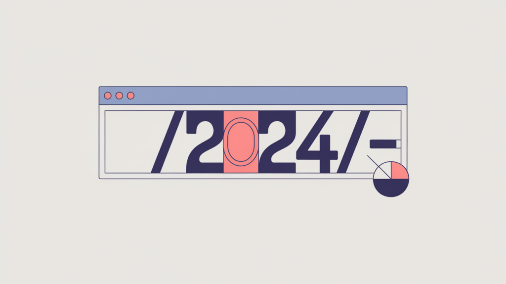 Abstract illustration of a URL address bar with a highlighted year segment detected inside the path, in RankGear indigo and coral.