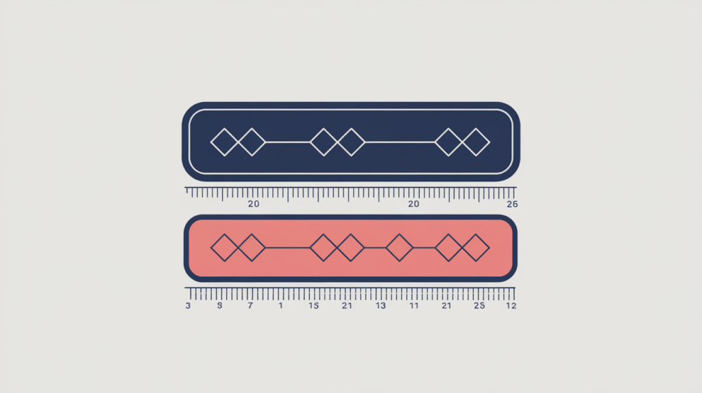 Abstract illustration of two search-result URL address bars of different lengths measured against a ruler scale, in RankGear indigo and coral.