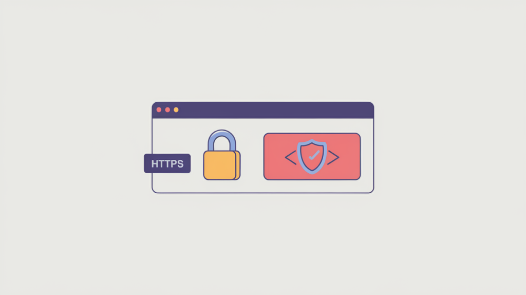 Abstract illustration of a search-result URL secured by an HTTPS padlock versus an unsecured HTTP link, in RankGear indigo and coral.