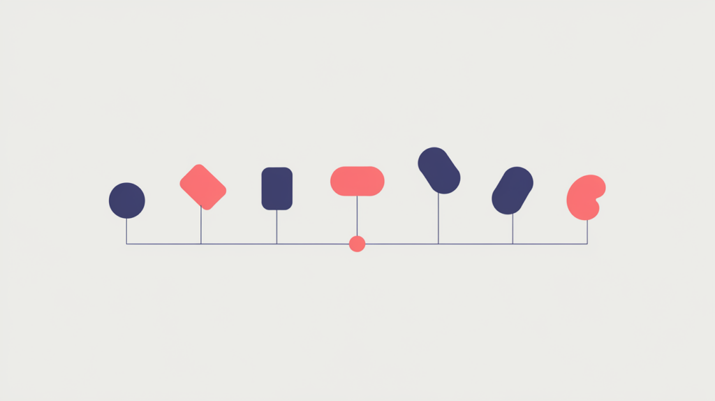 Abstract illustration of distinct keyword-variation markers spread at varying distances from a central average point along a text baseline, in RankGear indigo and coral.