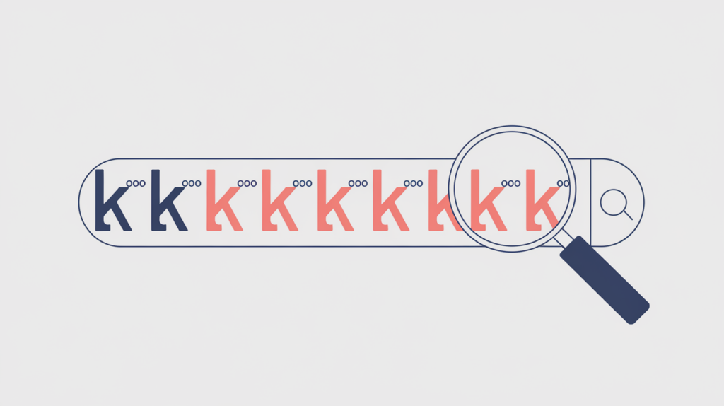 Abstract illustration of counting repeated keyword variations within a search result link line, in RankGear indigo and coral.