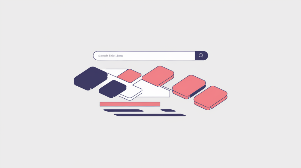 Abstract illustration of keyword-variation chips matching into a SERP result link text while others drift away unmatched, in RankGear indigo and coral.