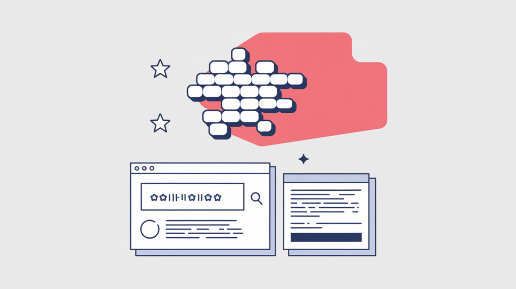 Abstract illustration of keyword variants being counted inside a search-result summary snippet that the engine rewrites, in RankGear indigo and coral.
