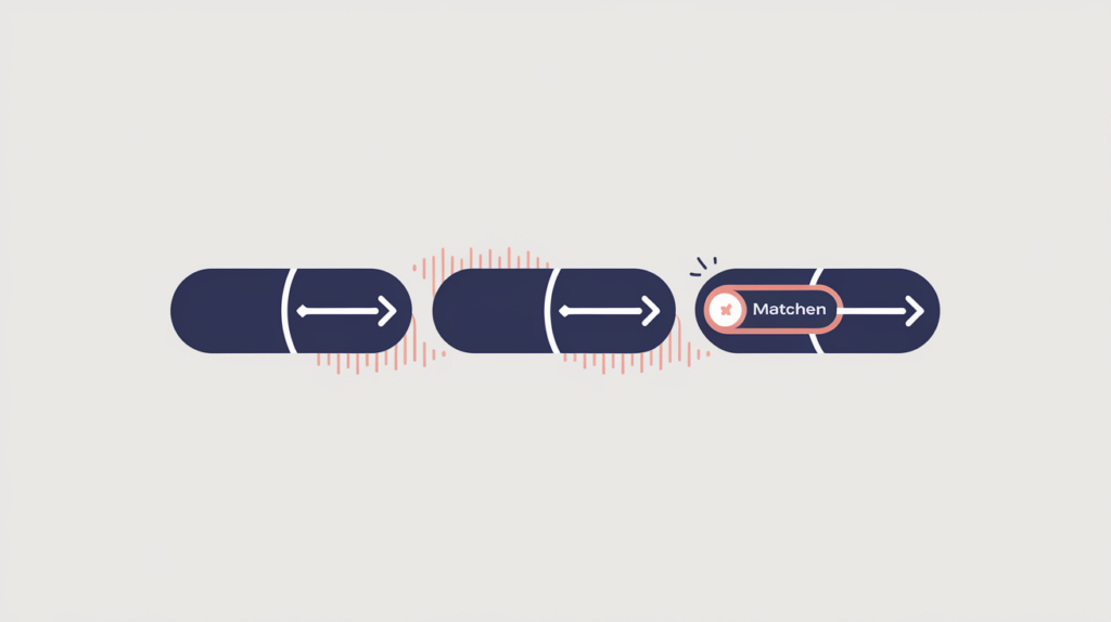 Abstract illustration of a search result URL path split into segments with some highlighted as matched keyword variations, in RankGear indigo and coral.