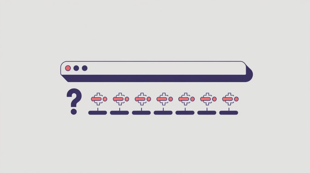 Abstract illustration of keyword variations being counted within a URL's query-parameter segment, in RankGear indigo and coral.