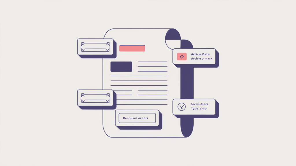 Abstract illustration of a document page carrying several article-signal badges beside a plain page, in RankGear indigo and coral.