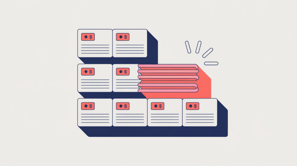 Abstract illustration of a product-listing grid classified as a category page, in RankGear indigo and coral.