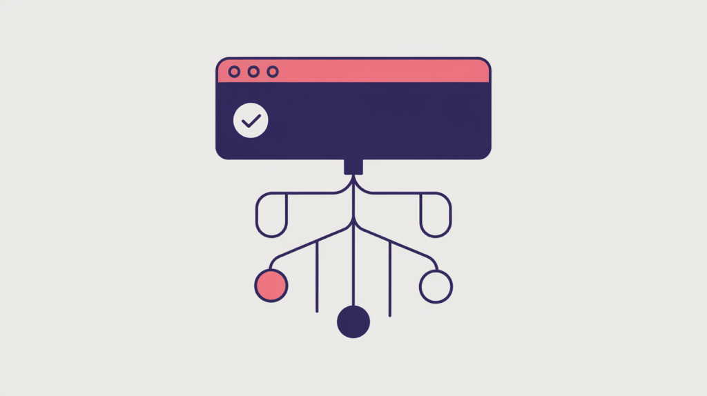 Abstract illustration of a bare site-root hostname node marked apart from deeper path-bearing pages in a site tree, in RankGear indigo and coral.