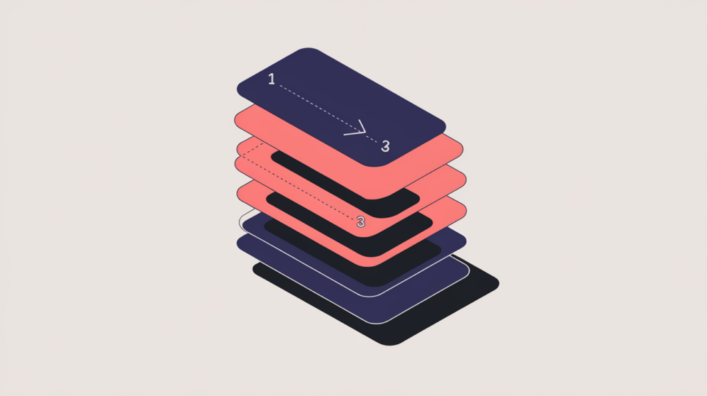 Abstract illustration of an ordered sequence of paginated page cards linked by a next arrow, in RankGear indigo and coral.
