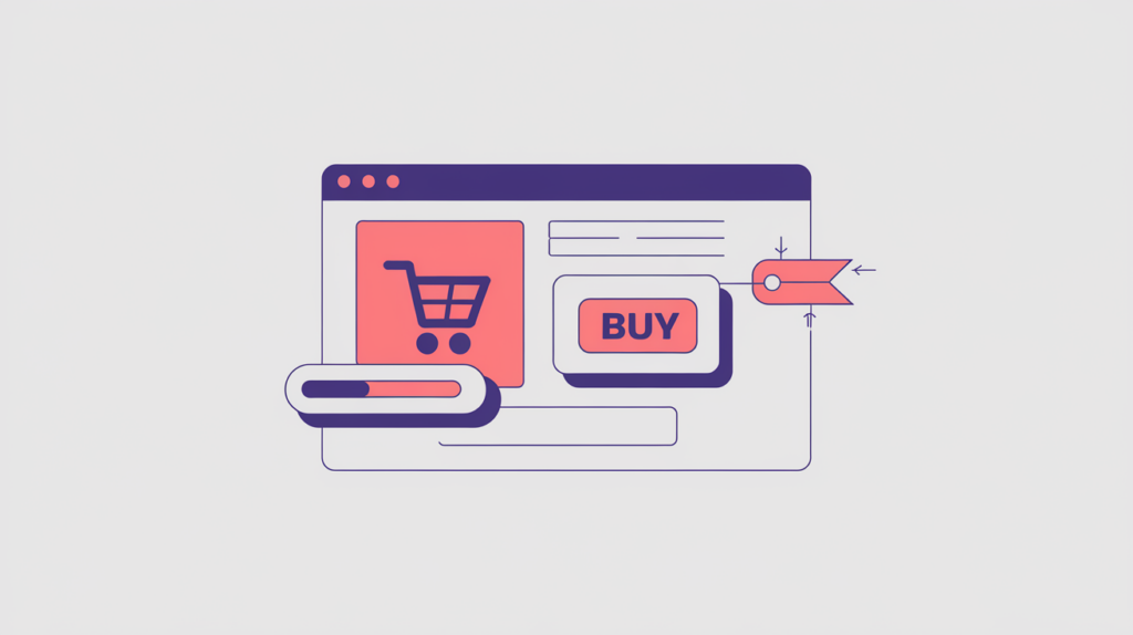 Abstract illustration of a page classified as a purchase page by its cart button and product schema, in RankGear indigo and coral.