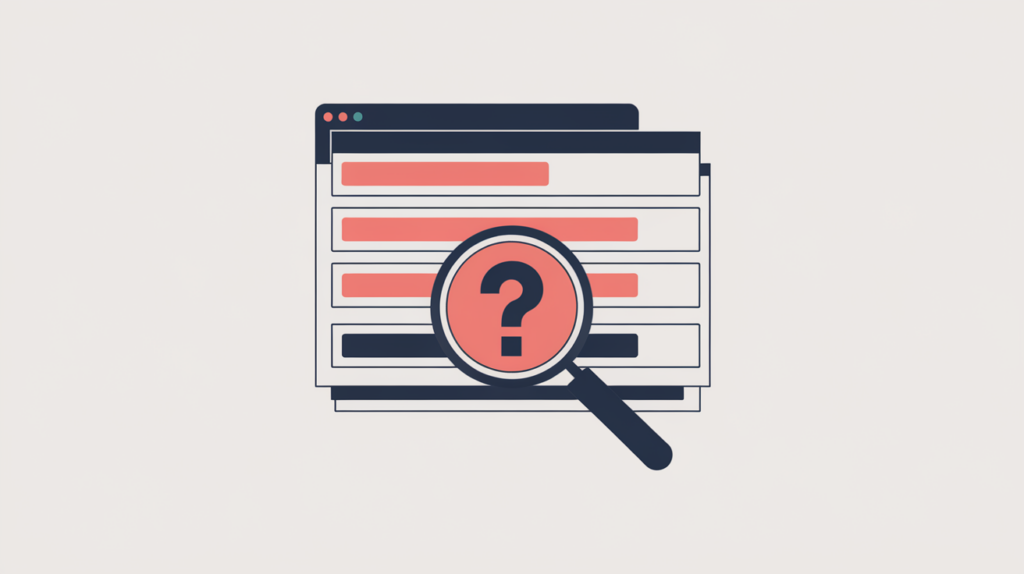 Abstract illustration of a magnifying glass over stacked search-result rows with a query-string marker, in RankGear indigo and coral.