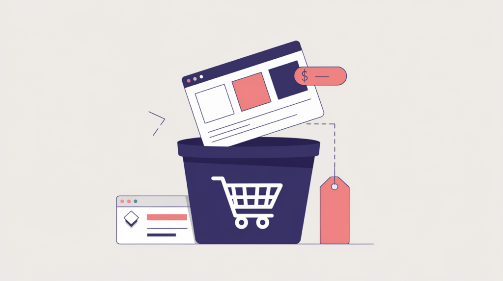 Abstract illustration of a page classified as an ecommerce storefront by a cart and price-tag signal, in RankGear indigo and coral.