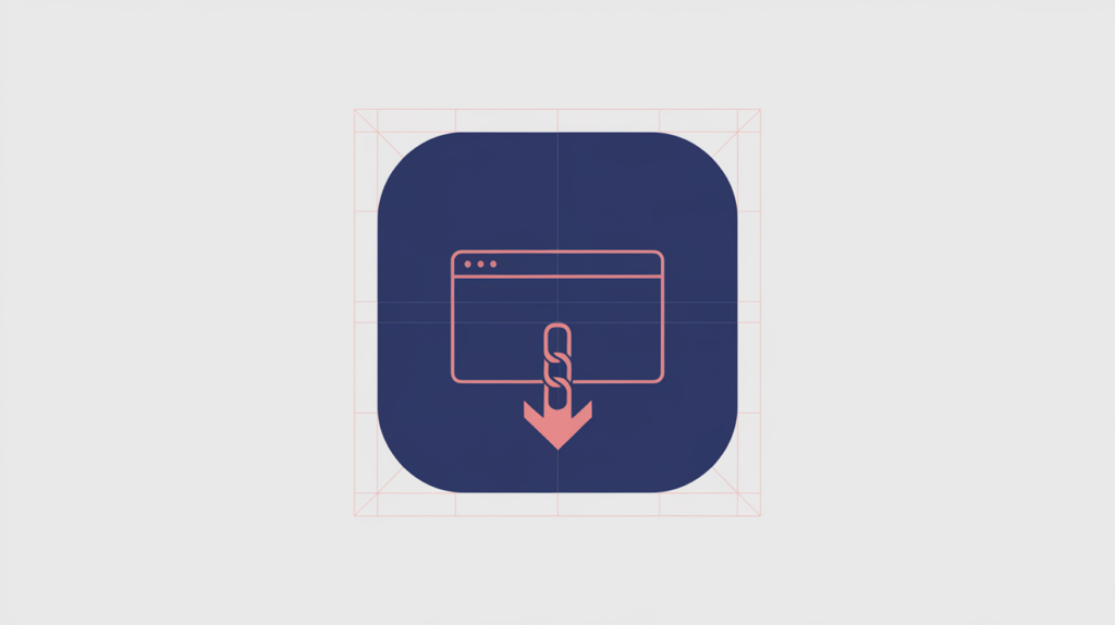 Abstract illustration of an Apple touch icon tile on a phone home screen linked to a web page, in RankGear indigo and coral.
