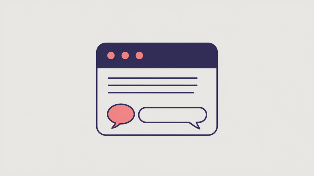 Abstract illustration of an article with a comment call-to-action button and a speech-bubble reply thread, in RankGear indigo and coral.