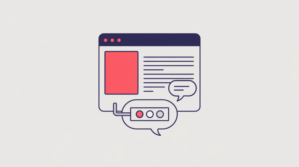 Abstract illustration of a webpage with an embedded third-party comment thread module, in RankGear indigo and coral.
