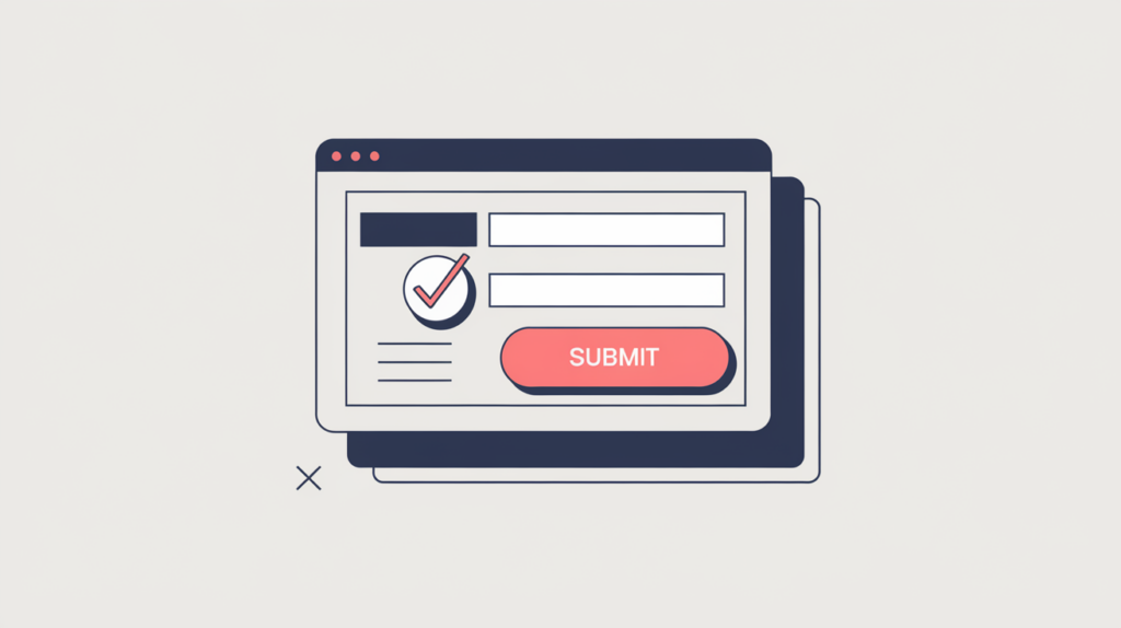 Abstract illustration of a web page containing an interactive input form, in RankGear indigo and coral.