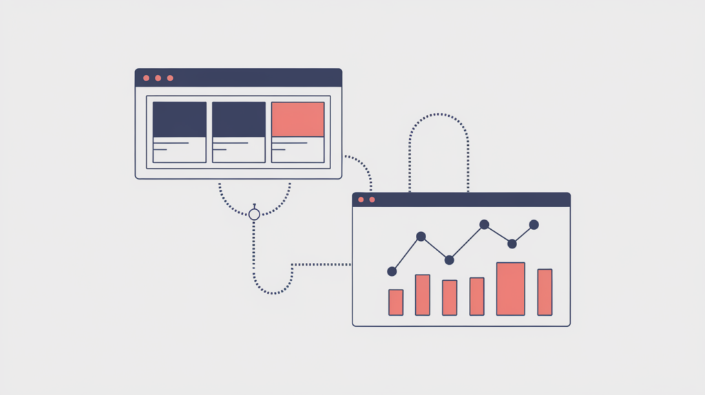 Abstract web-analytics illustration: a browser linked to a small analytics dashboard, in RankGear indigo and coral.