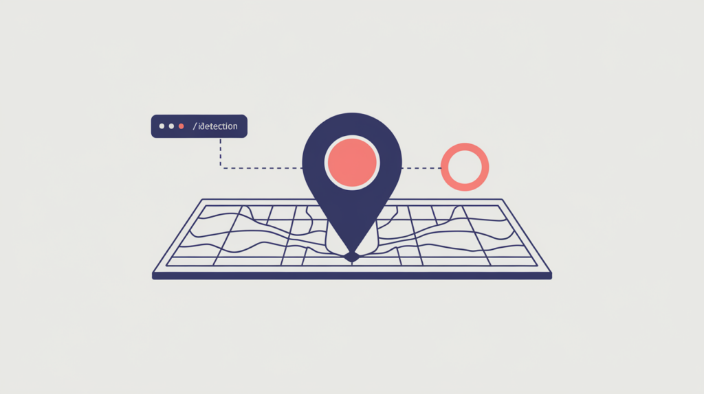 Abstract illustration of a map pin linked to a URL, representing legacy Google Maps link detection, in RankGear indigo and coral.