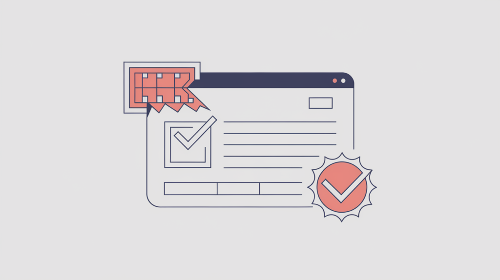 Abstract illustration of a webpage carrying a Google site-verification meta tag with an ownership checkmark badge, in RankGear indigo and coral.