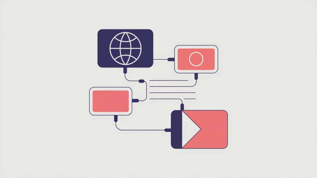 Abstract illustration of a page connected to language and region alternates via hreflang links, in RankGear indigo and coral.