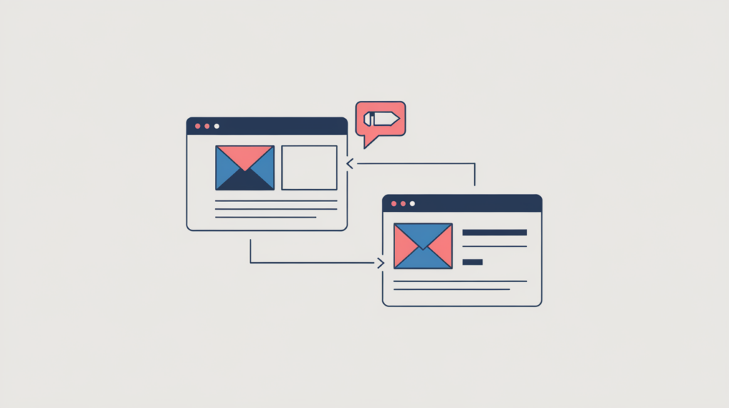 Abstract illustration of one web page sending an automatic pingback notification to another via a head link tag, in RankGear indigo and coral.