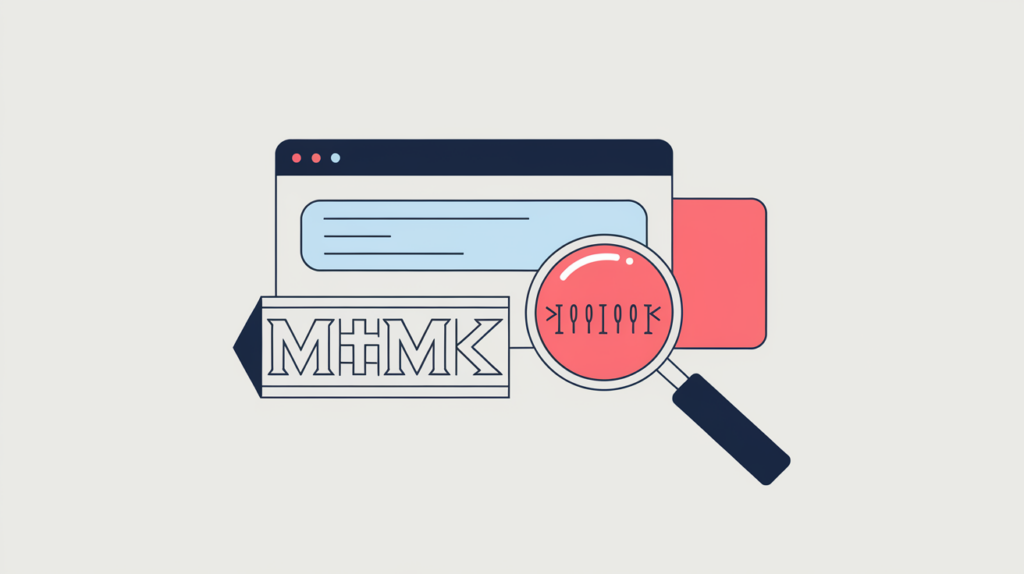 Abstract illustration of a meta generator tag being detected as a WordPress platform signal, in RankGear indigo and coral.