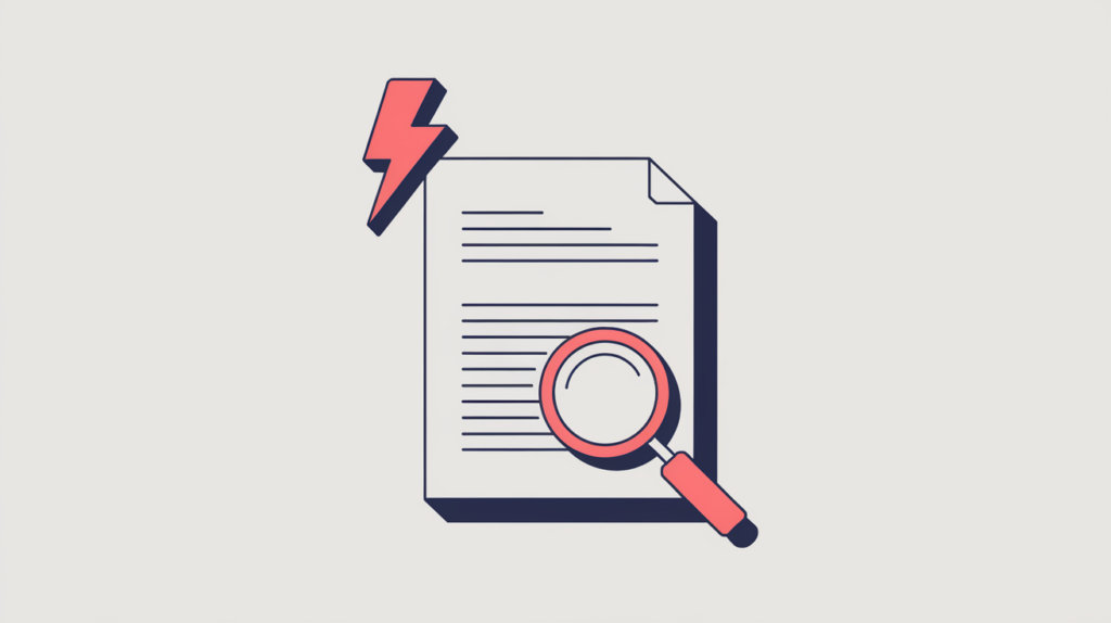 Abstract illustration of an AMP-marked document with a lightning badge beside an unmarked document, in RankGear indigo and coral.