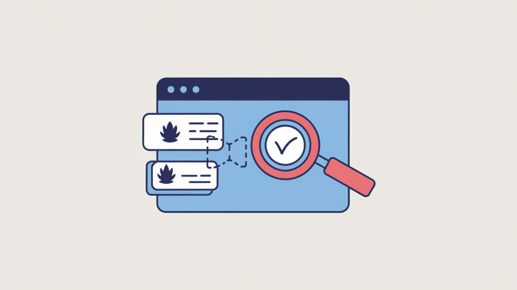 Abstract illustration of a document head being scanned for a Drupal generator meta tag, in RankGear indigo and coral.