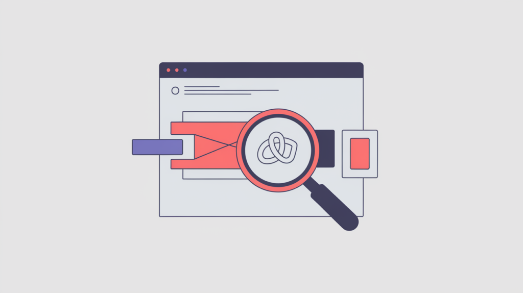 Abstract illustration of a magnifier detecting a Joomla generator meta tag in a document head, in RankGear indigo and coral.