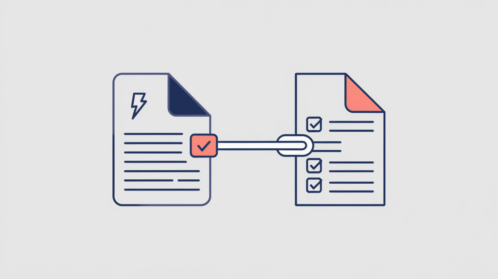 Abstract illustration of an AMP-marked document head linking to an alternate page, in RankGear indigo and coral.