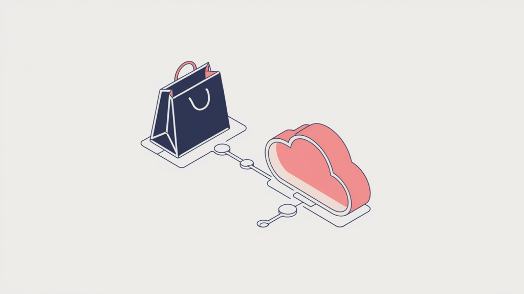 Abstract illustration of Shopify platform detection from a content-delivery domain signature, in RankGear indigo and coral.