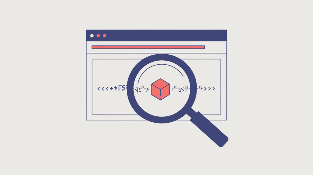 Abstract illustration of platform detection reading a Squarespace asset URL from a document head, in RankGear indigo and coral.