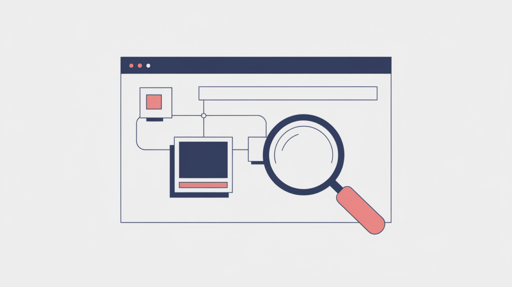 Abstract illustration of a webpage head being scanned for Tumblr asset domains, in RankGear indigo and coral.