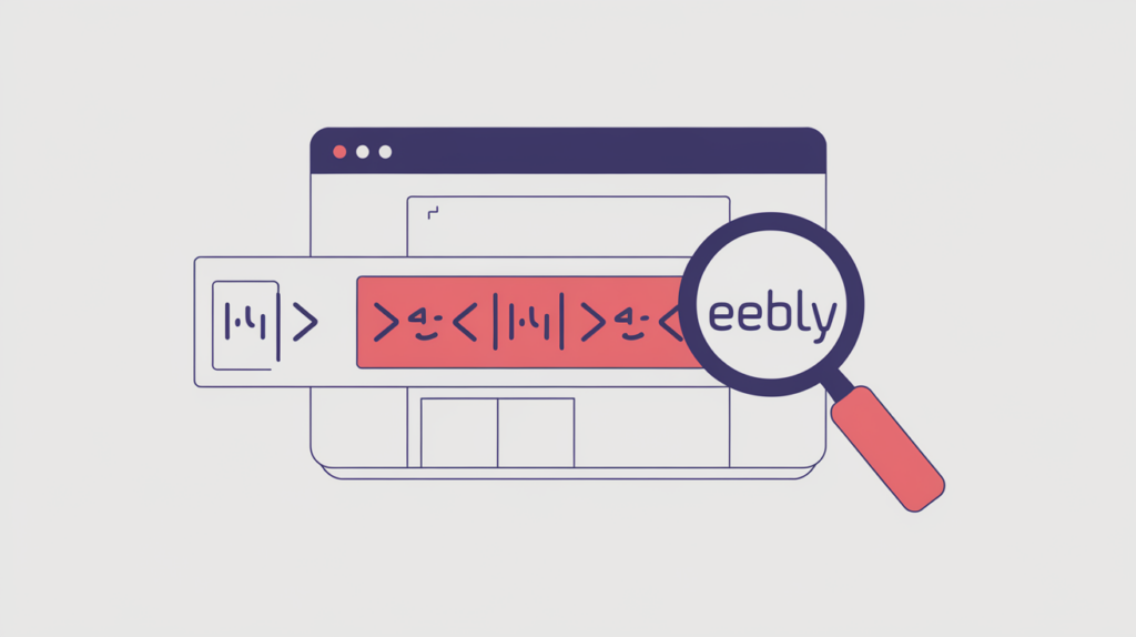 Abstract illustration of scanning a page’s HTML head for a Weebly platform resource-path signature, in RankGear indigo and coral.