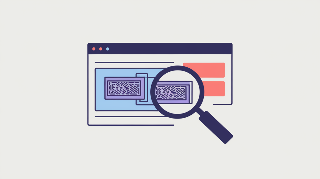 Abstract illustration of a document head being scanned for platform asset-domain signatures, in RankGear indigo and coral.