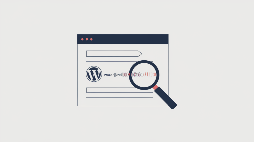 Abstract illustration of a document head generator meta tag being detected as a WordPress signature and resolved to a binary flag, in RankGear indigo and coral.