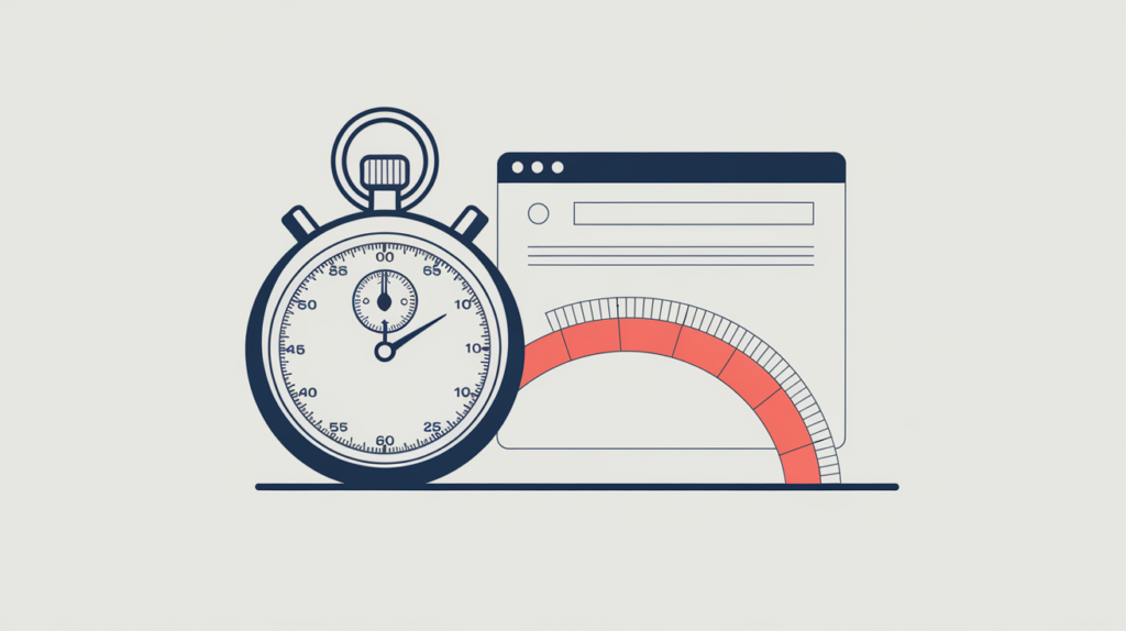 Abstract illustration of a page-load timer measuring elapsed milliseconds during browser render capture, in RankGear indigo and coral.