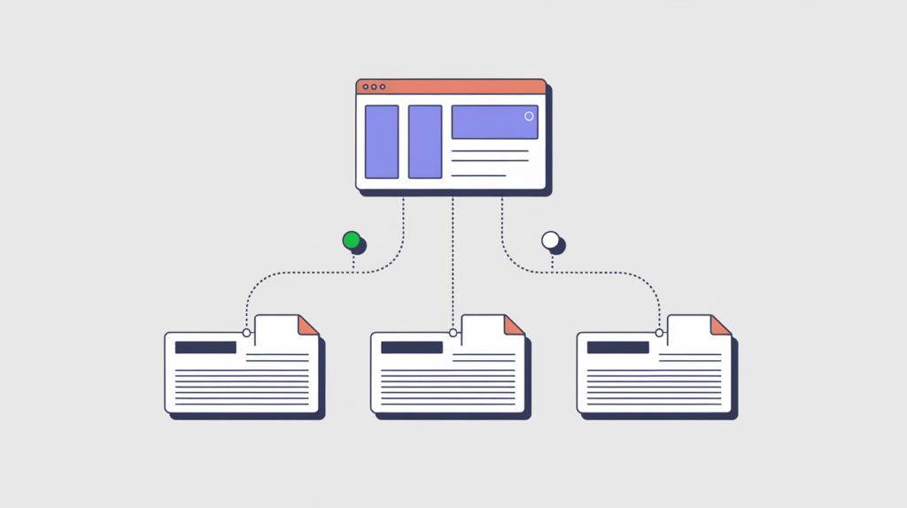 Abstract illustration of a web page linking out to several separate stylesheet files being counted, in RankGear indigo and coral.