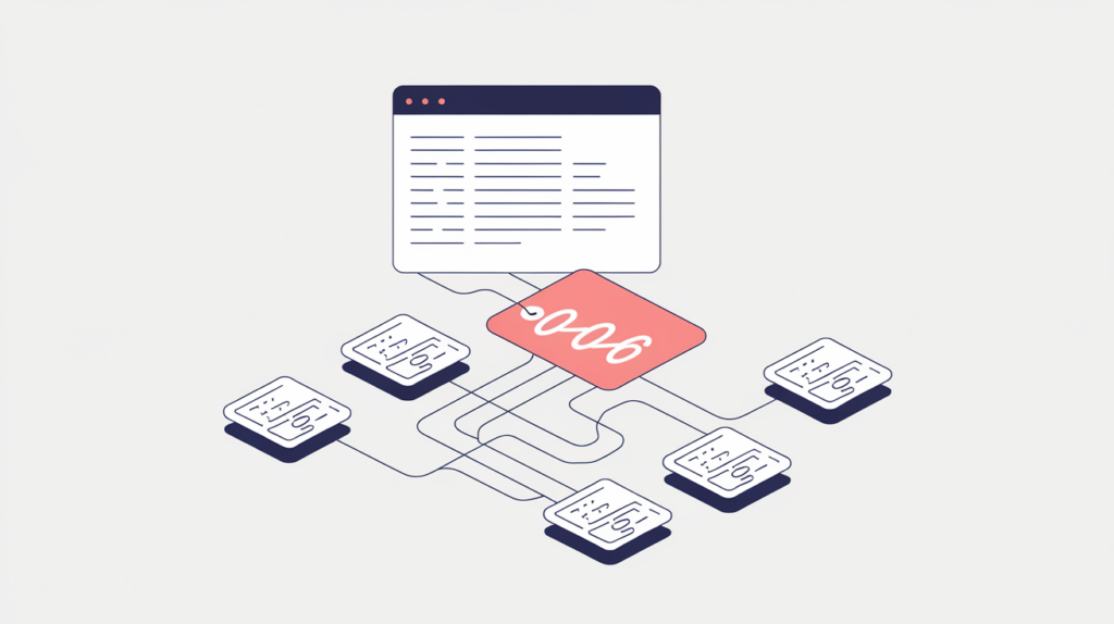 Abstract illustration of a web page's stylesheet and script file dependencies tallied into a single include count, in RankGear indigo and coral.