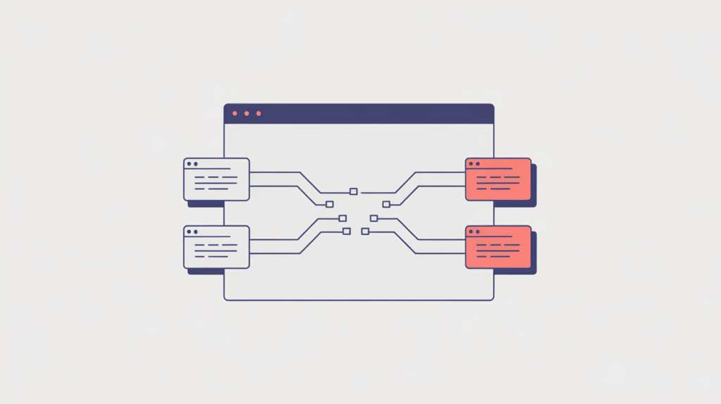 Abstract illustration of a web page loading multiple external JavaScript files as connected dependency blocks, in RankGear indigo and coral.