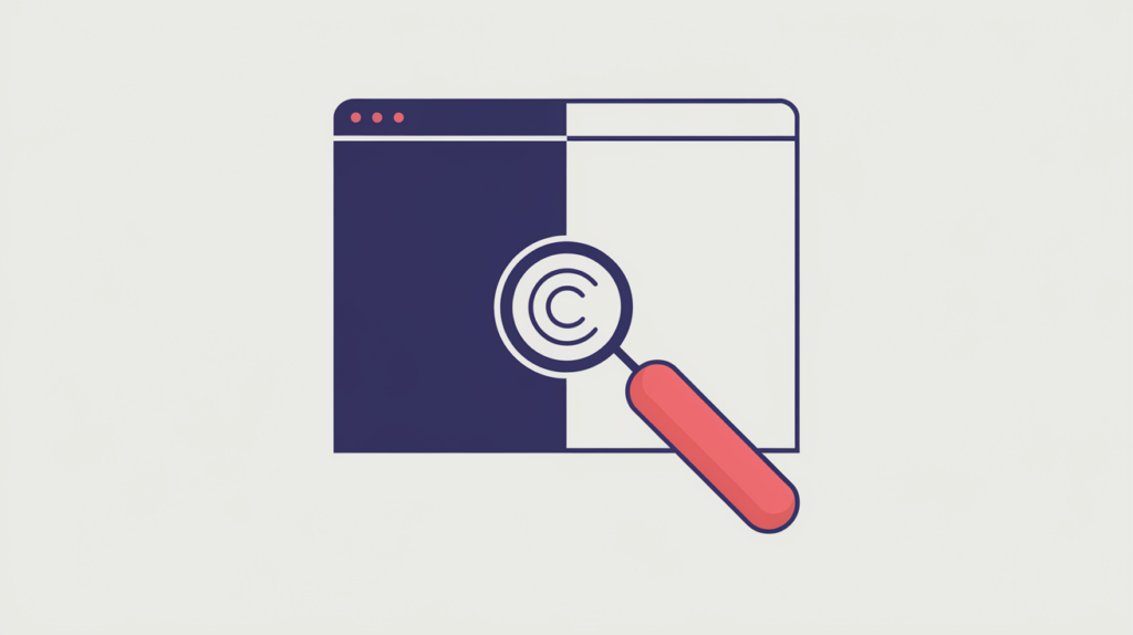 Abstract illustration of a copyright symbol detected in a page footer, in RankGear indigo and coral.