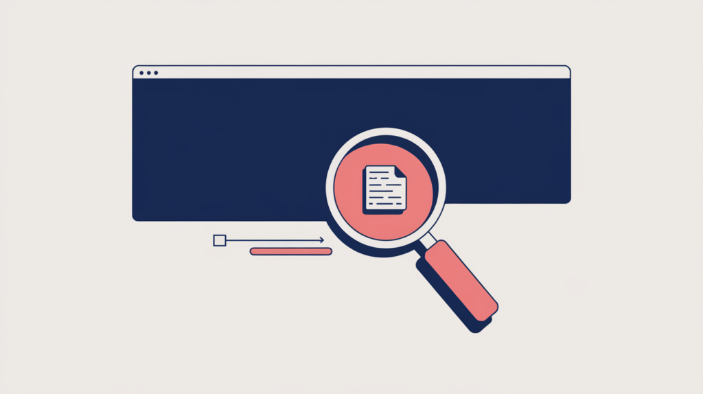 Abstract illustration of a privacy policy link being detected in a page footer, in RankGear indigo and coral.