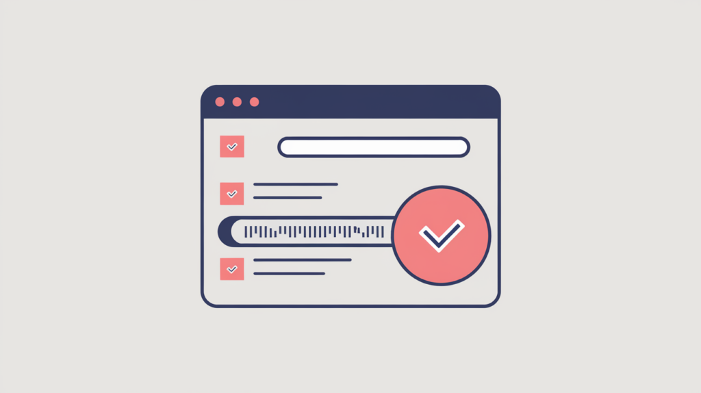 Abstract illustration of a footer hyperlink being scanned for a terms-of-service label, in RankGear indigo and coral.