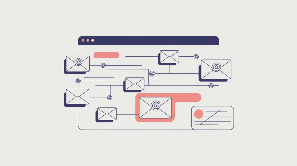 Abstract illustration of email-envelope glyphs counted across a web page body while a script block is excluded, in RankGear indigo and coral.