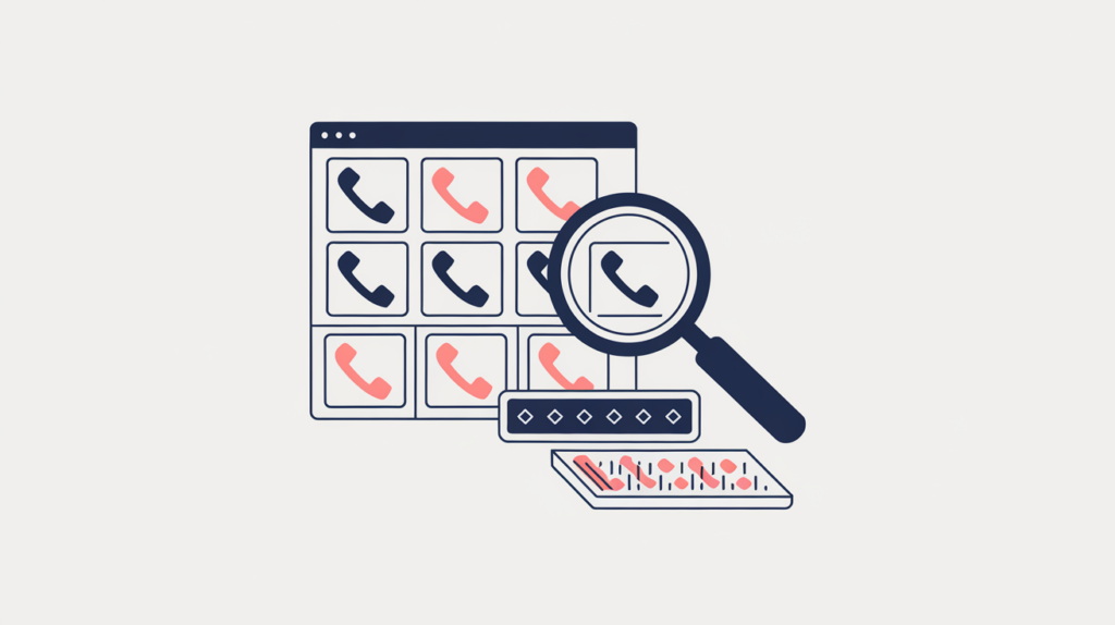 Abstract illustration of a scanner counting matching US phone-number entries on a web page, in RankGear indigo and coral.