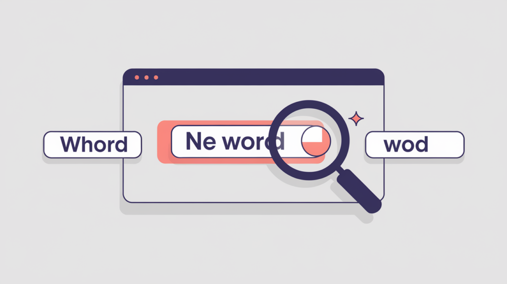 Abstract illustration of a whole-word match on a single highlighted title word returning a yes/no flag, in RankGear indigo and coral.