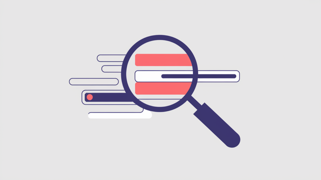 Abstract illustration of a magnifying glass isolating one highlighted word token in a page title, in RankGear indigo and coral.