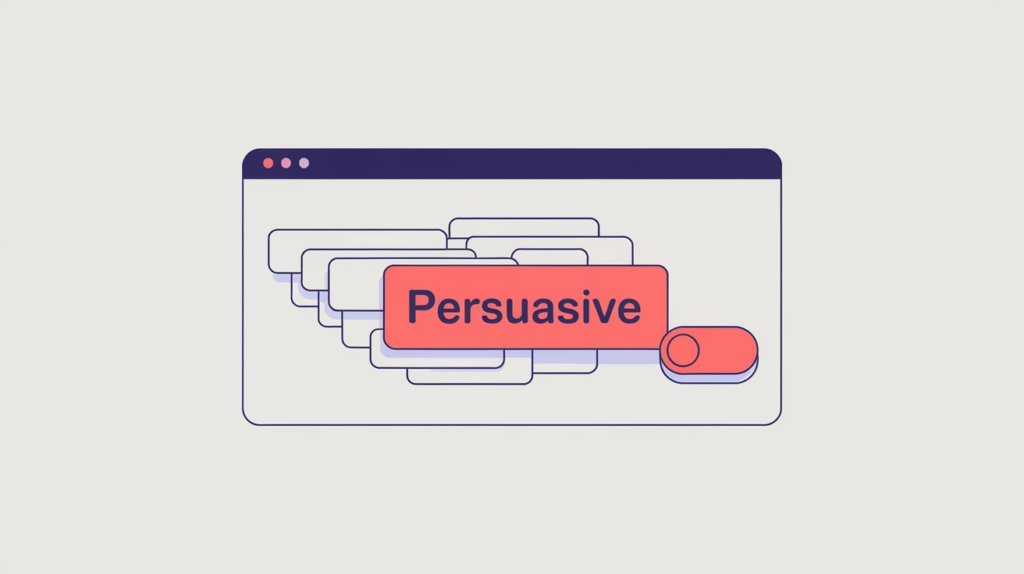 Abstract illustration of a page title with one highlighted sentiment word among neutral words, in RankGear indigo and coral.