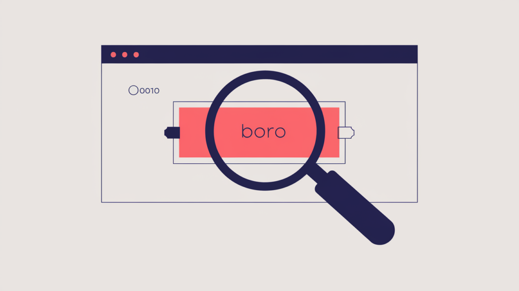 Abstract illustration of a magnifying glass detecting a single boundary-marked word in a page title, in RankGear indigo and coral.