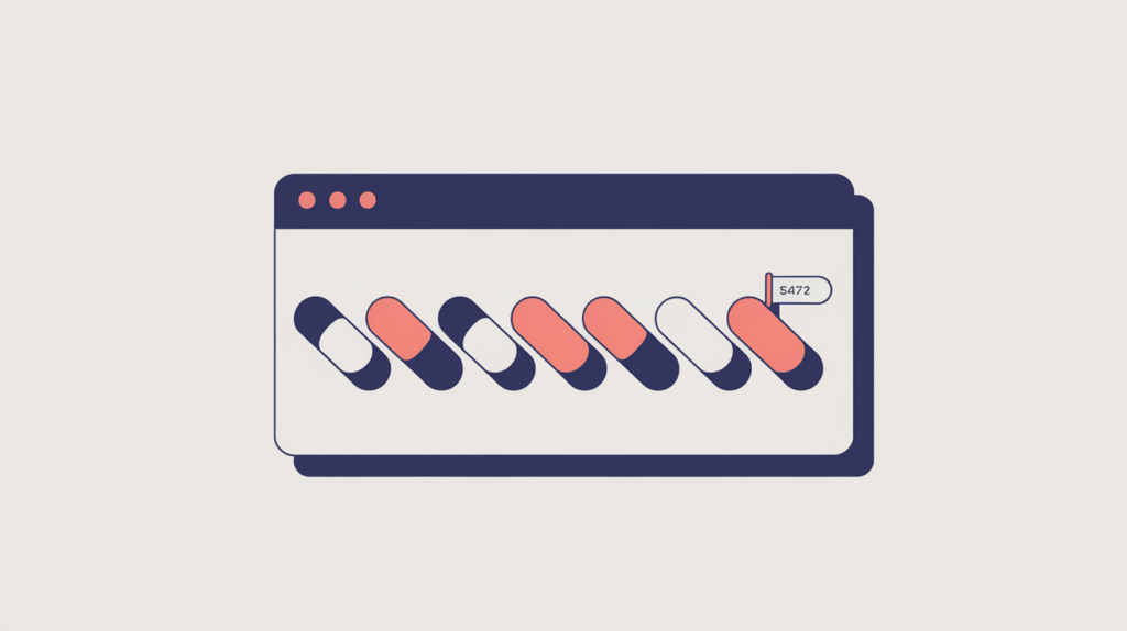 Abstract illustration of a browser title tab with counted keyword-variation tokens, in RankGear indigo and coral.